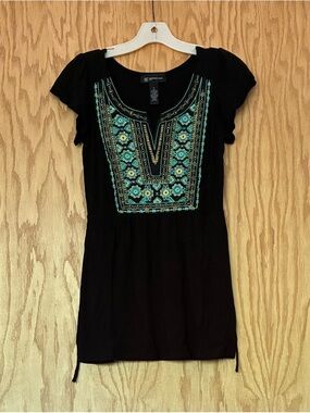 INC International Concepts Black Tunic with Teal and Gold Embroidery